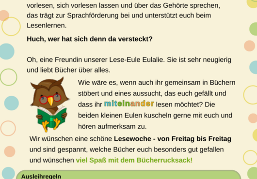 Bunte Seite mit Text und Illustrationen von zwei Eulen, einem roten Beutel und Illustration von Till-Eulenspiegel als Kind, die zu einer Lesewoche mit Ausleihregeln für einen Bücherucksack einlädt
