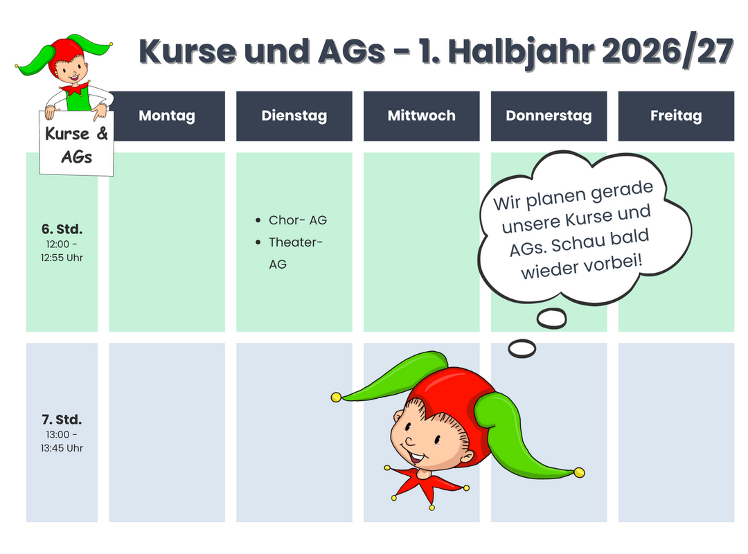 Infografik mit Kursen und AGs für das 1. Halbjahr 2025/26, unterteilt nach Wochentagen und Uhrzeiten, mit mehreren Feldern und einer Figur oben links