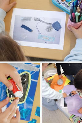 Kind arbeitet an Collage mit verschiedenen Papierstücken und Bastelmaterialien auf einem Tisch