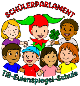 Sieben lachende Kinder und Till-Eulenspiegel als Kind stehen im Kreis und halten sich an den Händen, darüber der Schriftzug 'SCHÜLERPARLAMENT', darunter 'Till-Eulenspiegel-Schule'