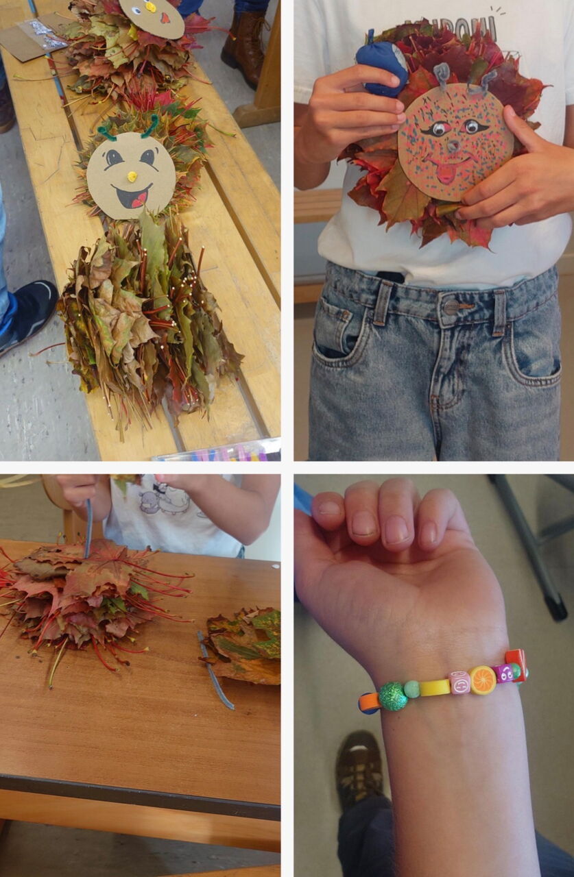 Collage aus vier Fotos: Kinder basteln Raupen aus aufeinandergesteckten bunten Herbstblättern. Die Raupen haben selbst gestaltete Gesichter aus Pappe. Unten rechts ist ein Handgelenk mit einem Armband aus bunten Perlen zu sehen.