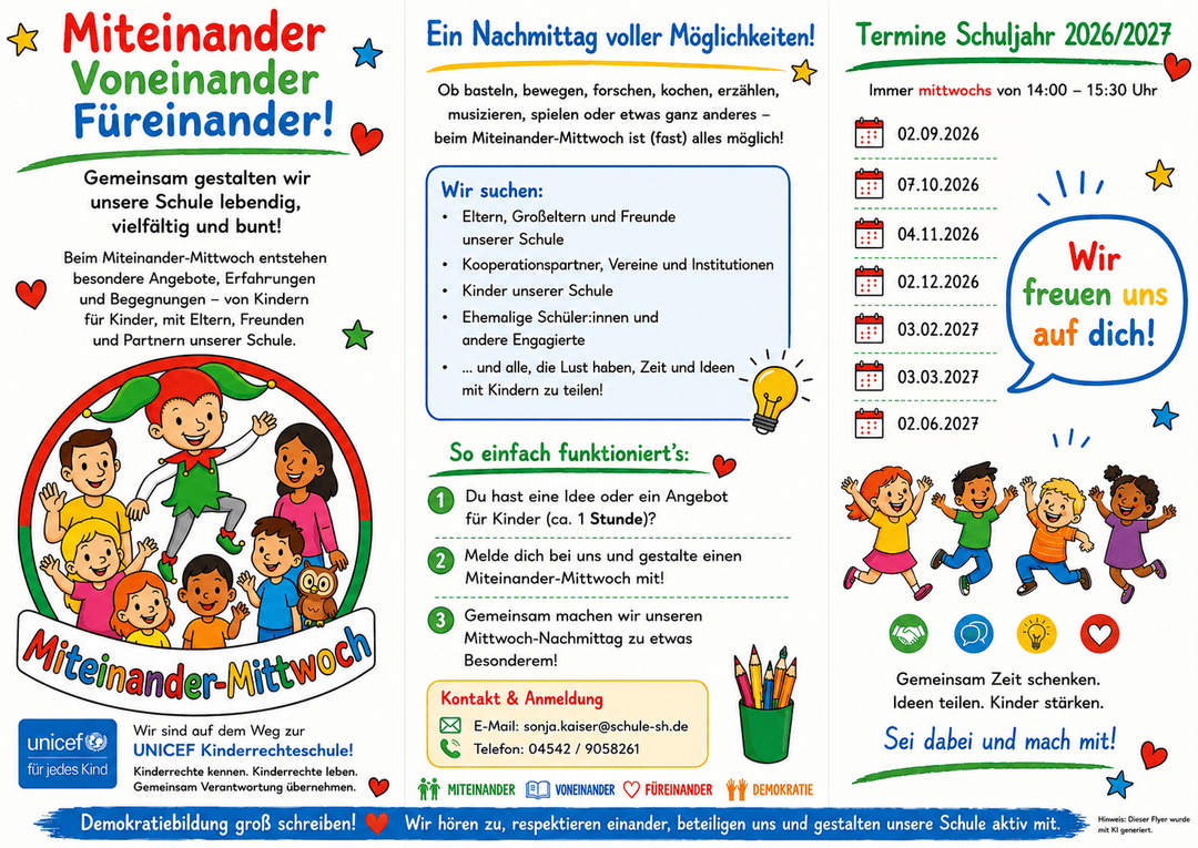 Bunte Informationsgrafik zum Miteinander-Mittwoch mit fröhlichen Kindern, Texten zu Aktivitäten, Terminen im Schuljahr 2026/2027 und Kontaktinformationen.