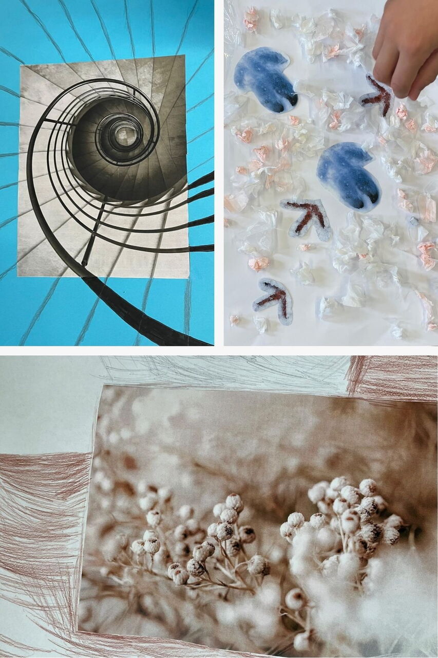 Oben links spiralförmige Treppe mit schwarzem Geländer von oben fotografiert, oben rechts Hand über weißem Untergrund mit blauen und weißen Objekten und braunen Pfeilen, unten unscharfe Nahaufnahme von weißen Blüten mit braunem Rahmen