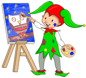 Illustration von Till-Eulenspiegel als Kind beim Malen einer Eule auf eine Staffelei