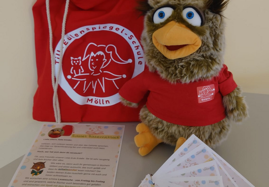 Roter Turnbeutel mit Tiergesicht und weißem Logo der Till-Eulenspiegel-Schule Mölln daneben Plüsch-Eule mit rotem T-Shirt und mehreren ausgebreiteten Informationsblättern auf weißem Tisch