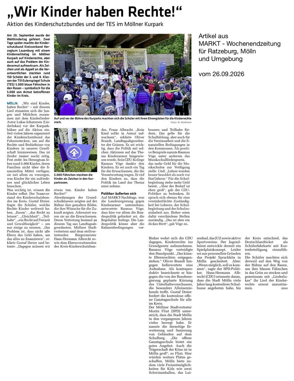 Zeitungsartikel mit Überschrift 'Wir Kinder haben Rechte' und mehreren Fotos von Kindern bei einer Veranstaltung im Freien