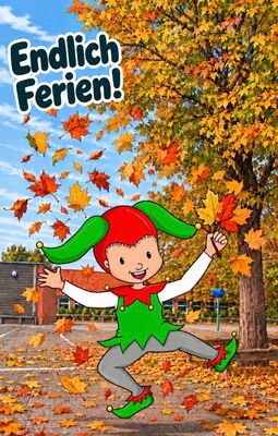 Gezeichneter Schulhof der Till-Eulenspiegel-Schule mit großem Herbstbaum. Till springt in grün-roter Narrenkleidung mit bunten Blättern in der Hand. Oben links steht „Endlich Ferien!“.